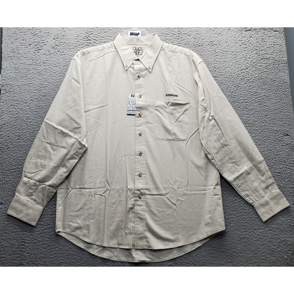 Destinations INDesigns Shirt Men Large Tan Siemens Logo Wrinkle Free Button-Down